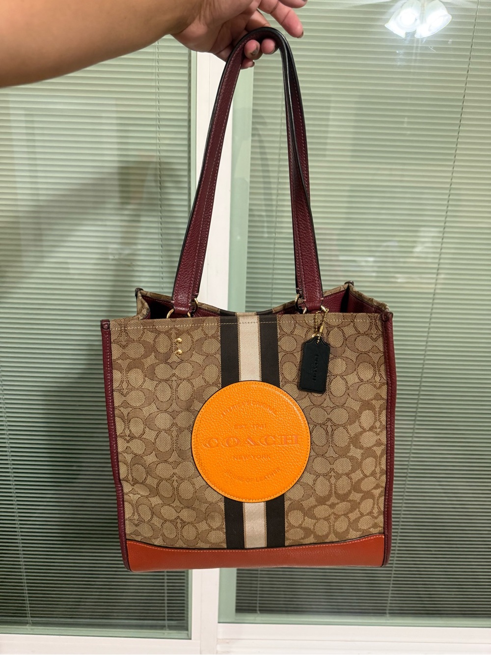 Coach Brown Signature Tote with Orange Patch and Burgundy Trim